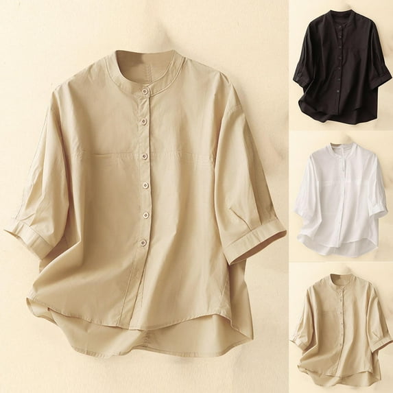 RongHuan Womens Cotton Linen Shirts Lightweight 3/4 Sleeve T-Shirt Casual Button Down Shirt Crew Neck Blouses