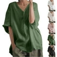 thumbnail image 1 of RongHuan Womens Cotton Linen T Shirts Casual 3/4 Sleeve Shirt Regular Fit V Neck Blouse Soild Color Tops, 1 of 4