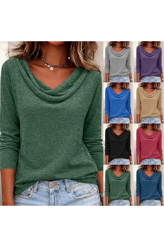 Womens Cowl Neck Pullover Long Sleeve Loose Relaxed Fit Blouse Lightweight Solid Color Shirts