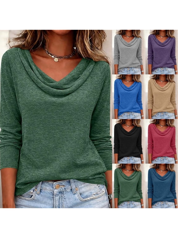 Womens Cowl Neck Pullover Long Sleeve Loose Relaxed Fit Blouse Lightweight Solid Color Shirts