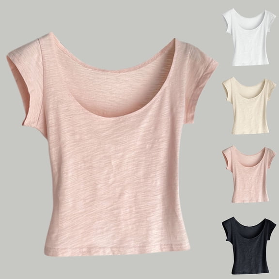 RongHuan Womens Cropped Tops Crewneck Short Sleeve Tees Summer Dressy Cute T-Shirts Slim Fit Basic Tee Shirts
