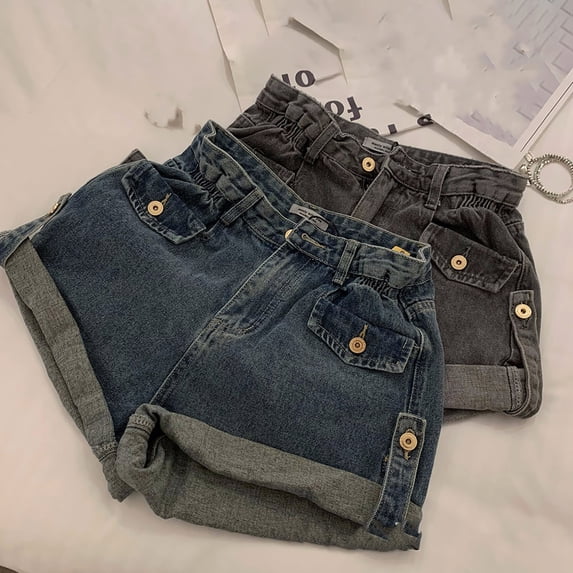 RongHuan Womens Denim Shorts High Waisted Short Jeans Elastic Waisted Straight Solid Color Shorts