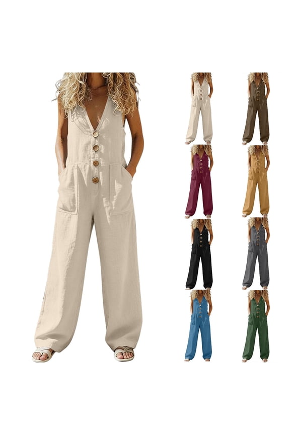 Womens Linen Jumpsuits,Deep V Neck Button Up One Piece Overalls Summer Sleevelsss Wide Leg Rompers with Pockets
