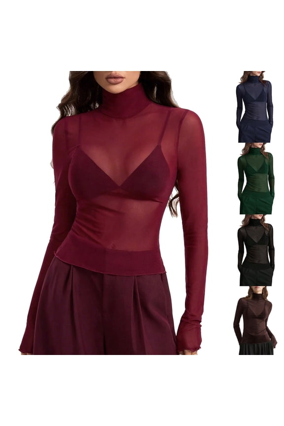 Womens Mesh Sheer Long Sleeve Top See Through Turtleneck Going Out Tops Trendy Tee Shirts Lace Blouse