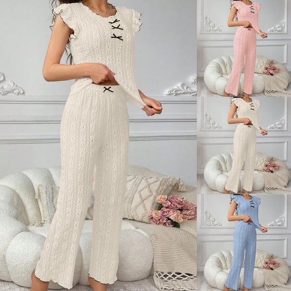 RongHuan Womens Pajama Set Eyelet Lace Ruffle Sleeve Top and Long Pants 2 Piece Cute Solid Color Sleepwear with Bowknot