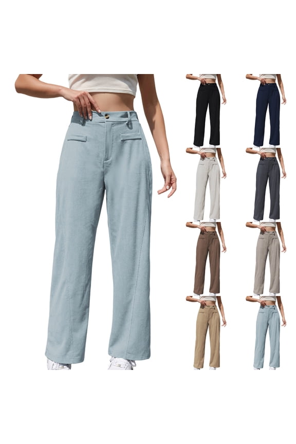 Womens Pants Stretchy Button Elastic Waist Pants Straight Leg Solid Color Casual Comfy Trousers with Pockets