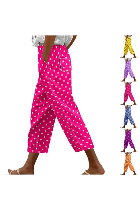 Womens Plus Size 3/4 Pants Summer High Waisted Capri Pants Fashion Polka Dots Pants Wide Leg Palazzo Pants