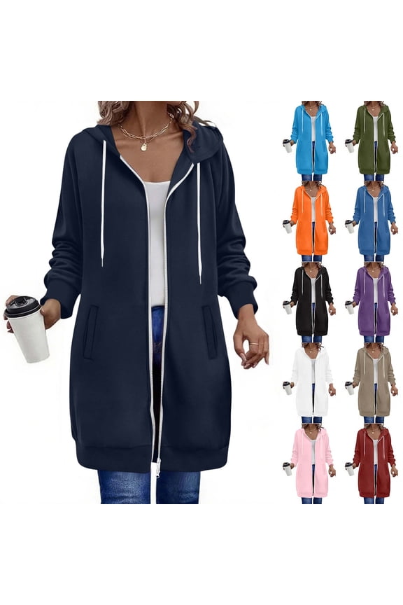 Womens Plus Size Long Jacket Dressy Casual Loose Hoodie Long Sleeve Coat Double Zipper Hooded Sweatshirt
