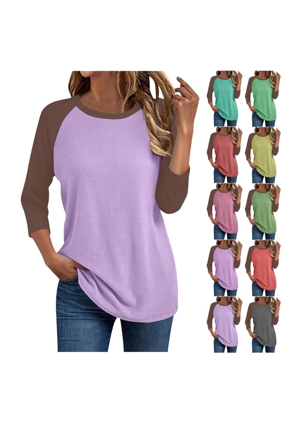 Womens Plus Size T-Shirt Casual 3/4 Sleeve Tees Crewneck Baseball Tshirts Classic Fit Basic Tops