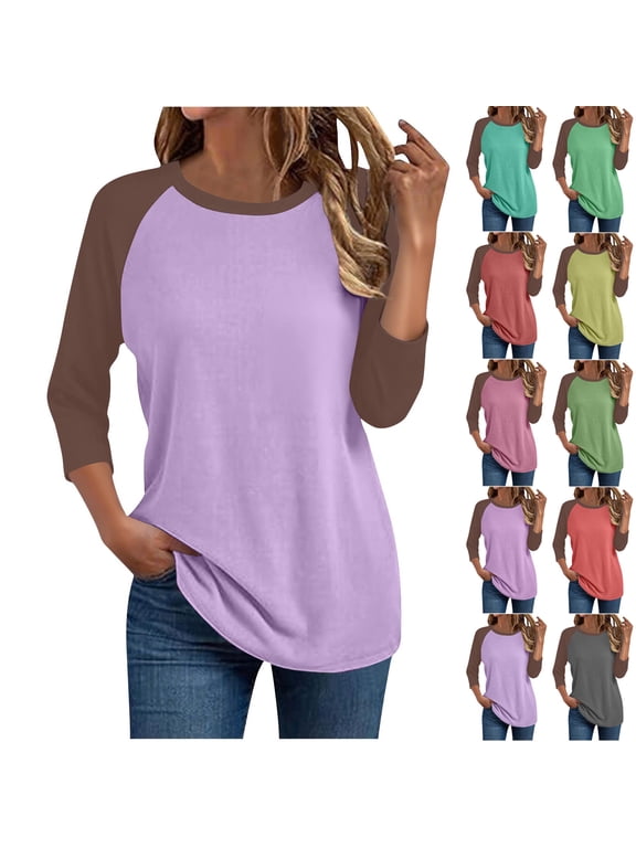 Womens Plus Size T-Shirt Casual 3/4 Sleeve Tees Crewneck Baseball Tshirts Classic Fit Basic Tops