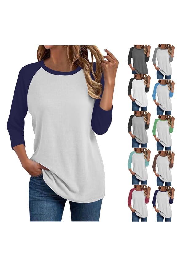 Womens Plus Size Tees Fashion 3/4 Sleeve Crewneck Tops Color Block Baseball Tshirt Relaxed Fit Blouse