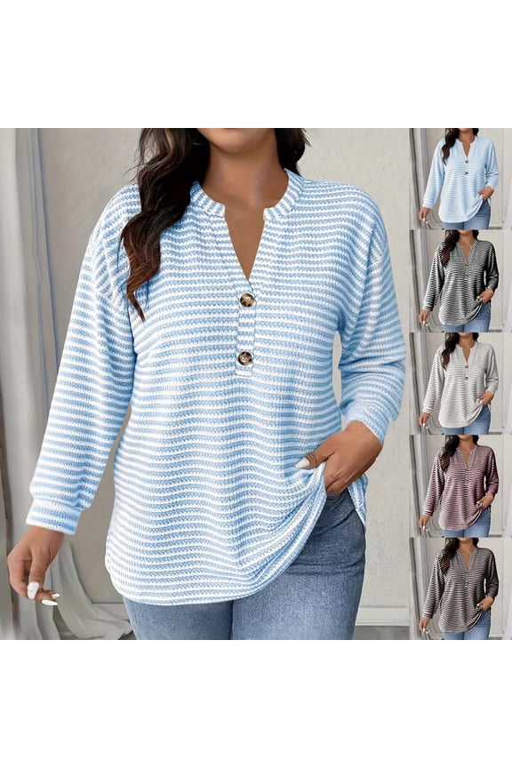 Womens Plus Size Tshirt Striped Henley Shirt V Neck Button Front Tunic Tops Loose Fit Shirts Long Sleeve T-Shirt