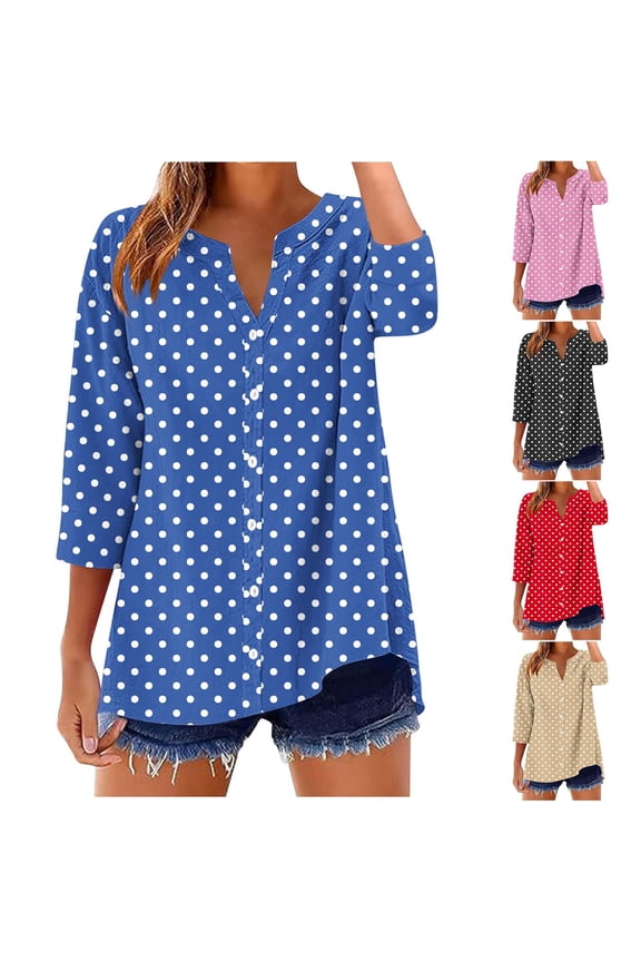 Womens Polka Dots Shirts 3/4 Sleeve V Neck T-Shirts Casual Button Down Tee Shirt Going Out Blouses