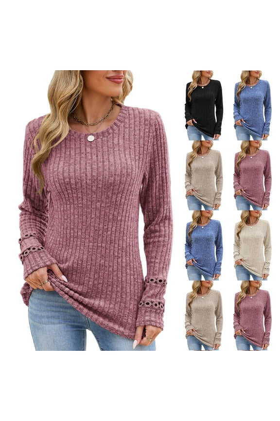 Womens Ribbed Knit Long Sleeve Tops Casual Button Cuff Pullover Sweaters Blouses