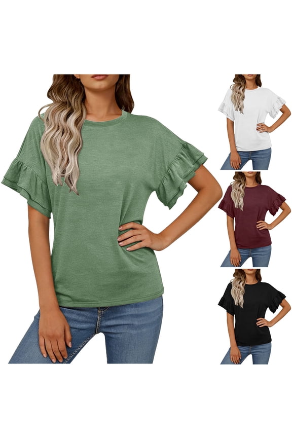 Womens Ruffle Short Sleeve Tops Summer Soft T Shirts Crew Neck Casual Blouses Fashion Basic Beach Tees