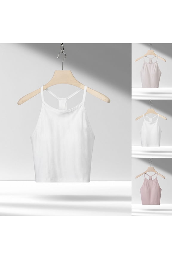 Womens Seamless Camisole Tops Strappy Racerback Cropped Tank Top Built in Bra Stretch Soft Basic Cotton Undershirts