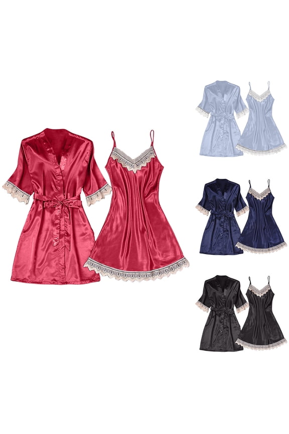 Womens Silk Robes Set with Nightgowns Satin Pajamas Set 2 Piece Sleepwear Camisole Wedding Bride Gown Set