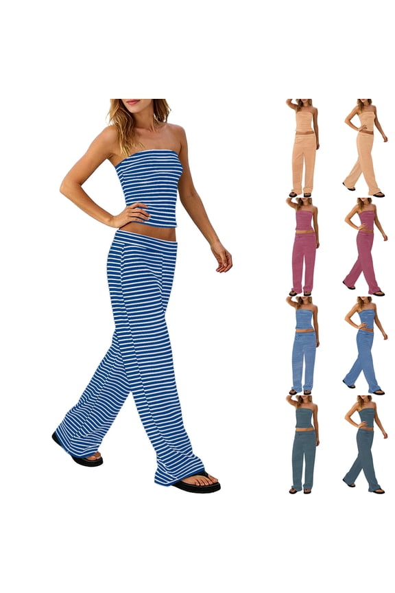 Womens Striped 2 Piece Set Summer Strapless Crop Tube Tops Wide Leg Pants Matching Set Vacation Outfits