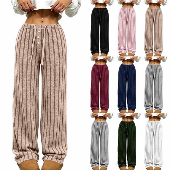 RongHuan Womens Striped Wide Leg Pants Drawstring Elastic Waist Trousers Casual High Waist Pant Daily Streetwear Pants