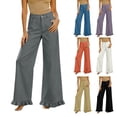 thumbnail image 1 of RongHuan Womens Wide Leg Pants Loose Fit Drawstring Elastic High Waisted Ruffle Hem Palazzo Pants with Pockets, 1 of 7