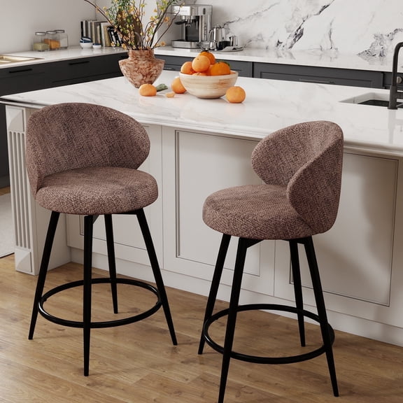 Rongbuk 360° Swivel Modern Bar Stool Set of 2, 26" Upholstered Counter Height Bar Stools with Wingback, Soft Linen Fabric, Counter Chairs with Arm for Kitchen Island or Home Bar, Brown