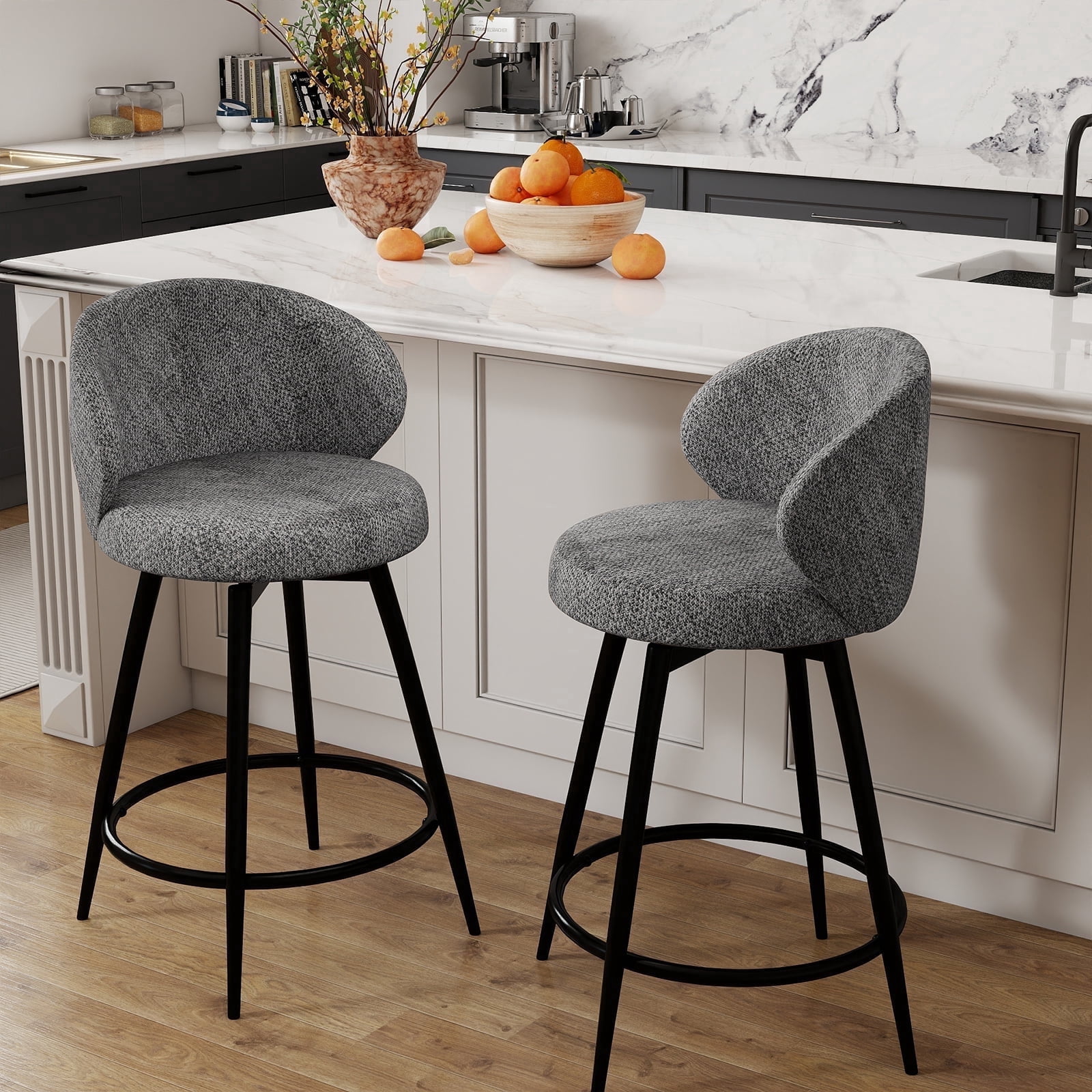 Rongbuk 360° Swivel Modern Bar Stool Set of 2, 26" Upholstered Counter Height Bar Stools with Wingback, Soft Linen Fabric, Counter Chairs with Arm for Kitchen Island or Home Bar, Grey