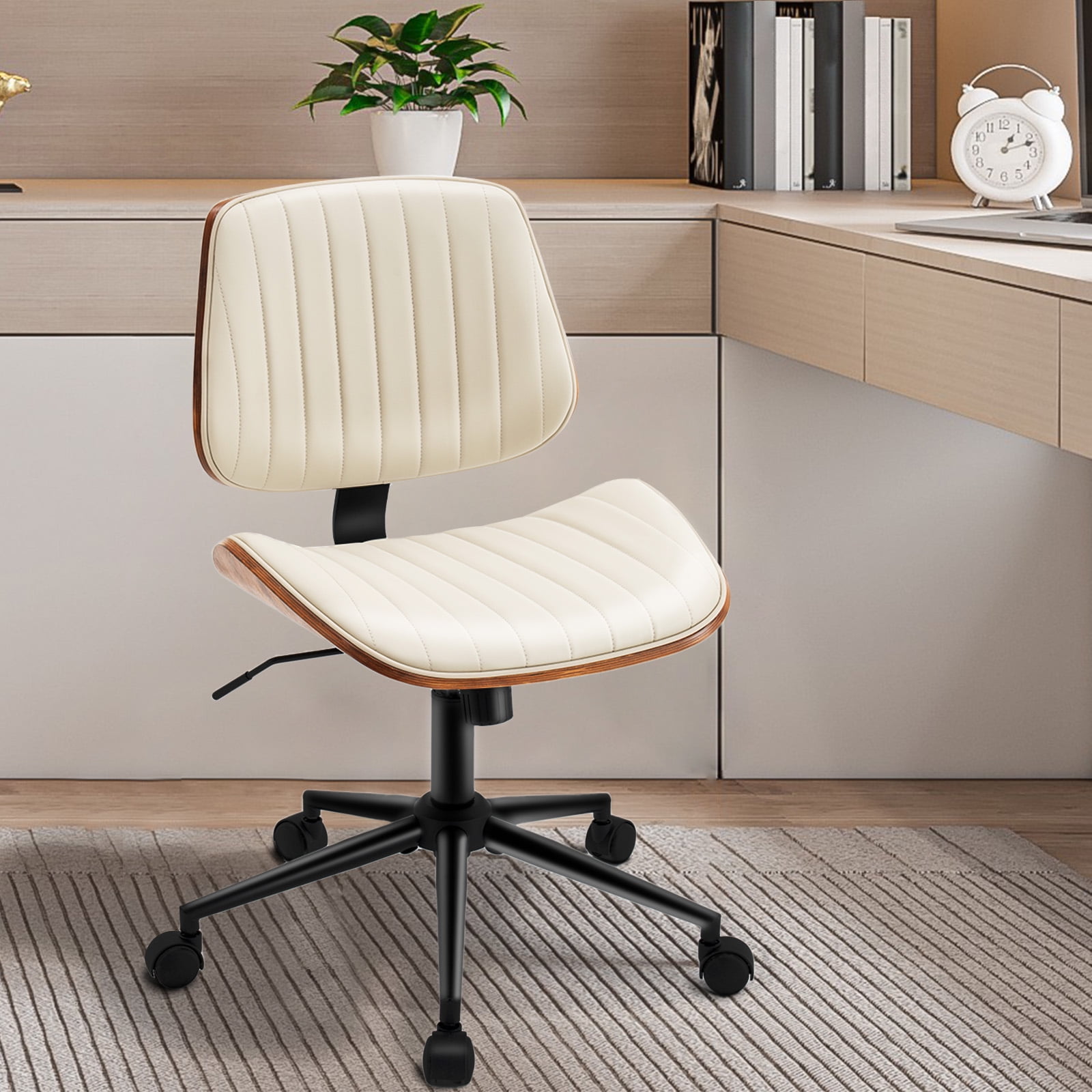 Rongbuk Home Office Chair, PU Leather Comfy Office Desk Chair with Wheels, Adjustable 360° Swivel Ergonomic Computer Chair, Armless Modern Vanity Chair Walnut Chair for Home Office, Beige