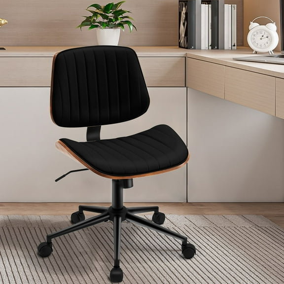 Rongbuk Home Office Chair, PU Leather Comfy Office Desk Chair with Wheels, Adjustable 360° Swivel Ergonomic Computer Chair, Armless Modern Vanity Chair Walnut Chair for Home Office, Black
