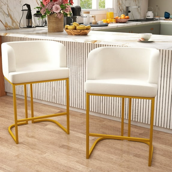 Rongbuk Modern Barrel Bar Stools Set of 2, 26" Counter Height Stools, Velvet Counter Stool, Sherpa Barrel Bar Chairs with Comfy Back and Arms, Sherpa Upholstered Kitchen Island Chair, Beige