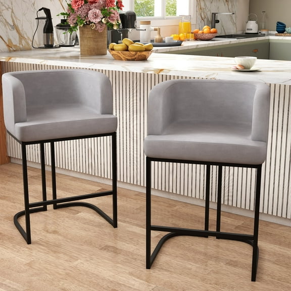 Rongbuk Modern Barrel Bar Stools Set of 2, 26" Counter Height Stools, Velvet Counter Stool, Sherpa Barrel Bar Chairs with Comfy Back and Arms, Sherpa Upholstered Kitchen Island Chair, Grey