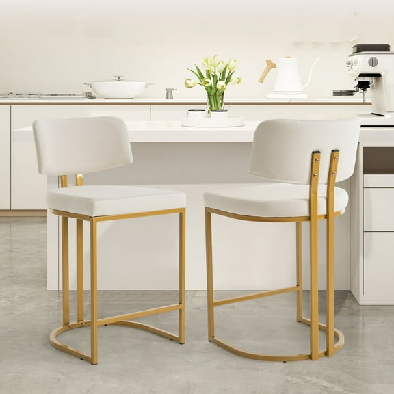 Rongbuk Modern Barrel Bar Stools Set of 2, Counter Height Stools 26" Velvet Counter Stool, Modern Barrel Bar Stool with Comfy Back, Armless Sherpa Upholstered Kitchen Island Chair, Ivory