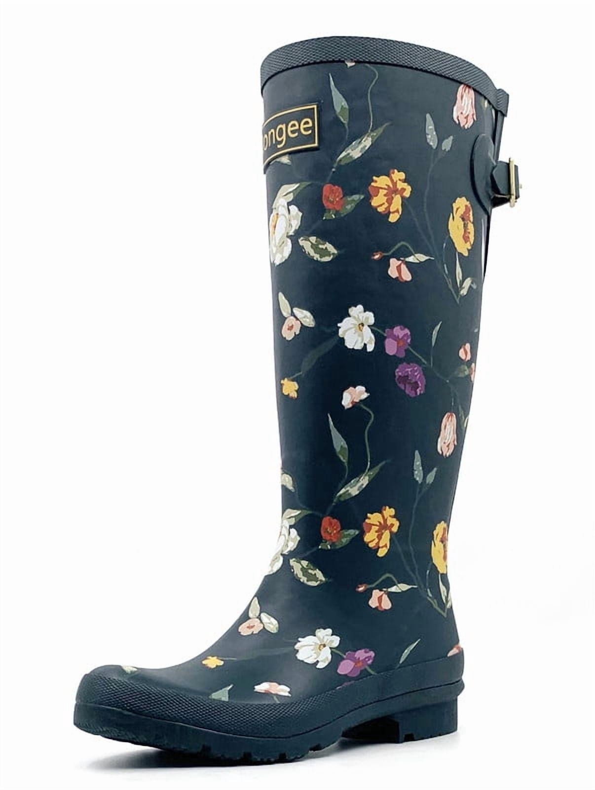 Rongee Women Rain Boots Tall Waterproof Outdoor Garden Boots Blossom Flower Printed with Adjustable Buckle (7(M) US)
