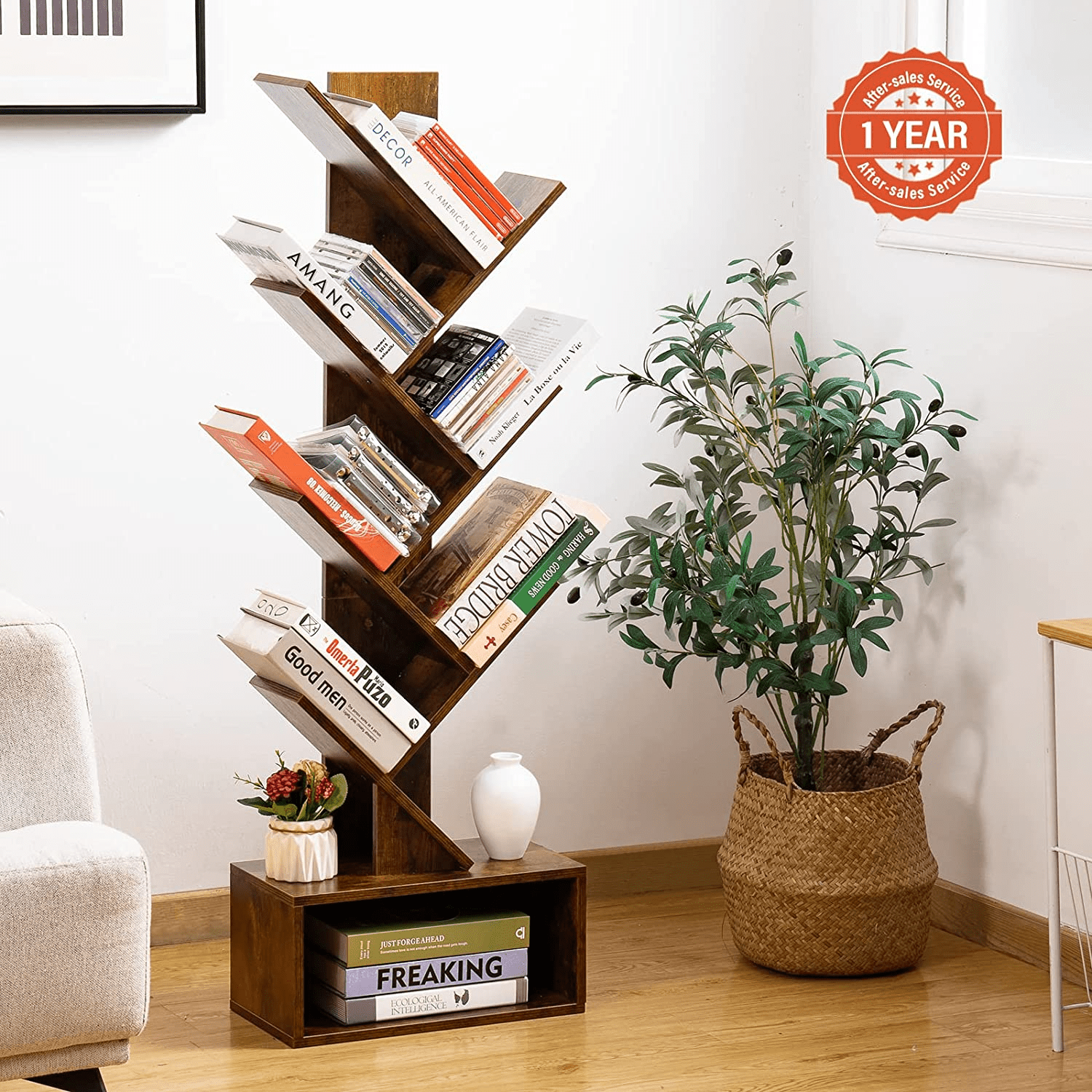Rongfun Bookshelf - 6 Shelf Retro Floor Standing Bookcase, Tall Wood ...