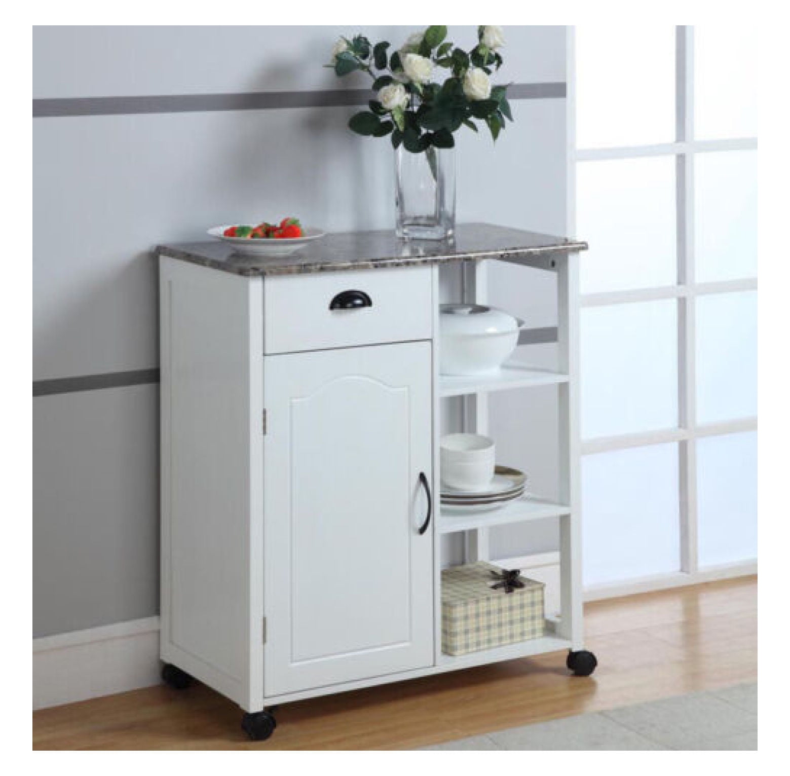 White Marble Top Kitchen Cart with Storage and Wheels
