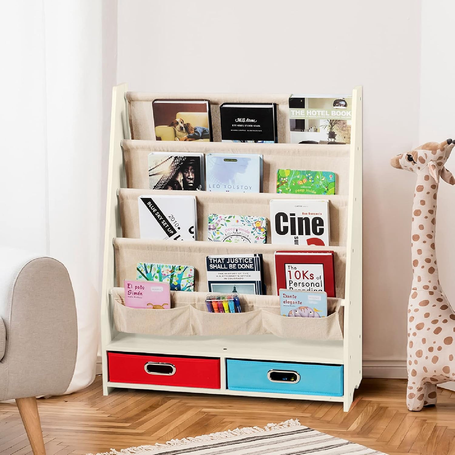 Rongfun Kids Book Rack with 2 Storage Bins, Wooden Toddler Bookshelf ...