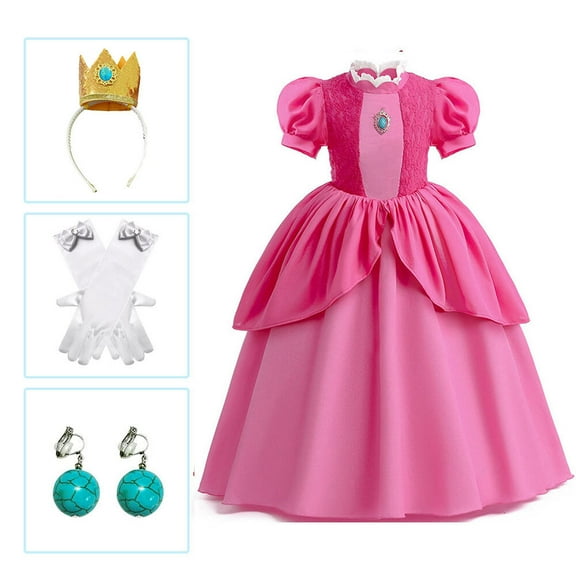 Rongking 3-9Year Girl Princess Peach Costume Dress Halloween Birthday Fancy-Dress w/Headband