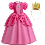 Rongking 3-9Year Girl Princess Peach Costume Dress Halloween Birthday Fancy-Dress w/Headband