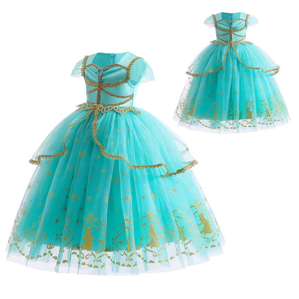Rongking Girls Jasmine Costume Princess Dress Green Halloween Cosplay Outfit for 3-8t
