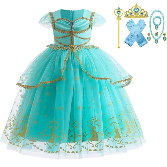 Rongking Girls Jasmine Costume Princess Dress Green Halloween Cosplay Outfit for 3-8T