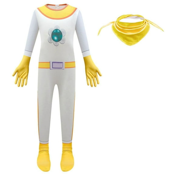 Rongking Girls Princess Peach Costume Bodysuit Halloween Cosplay Jumpsuit W/Scarf for 3-9Y