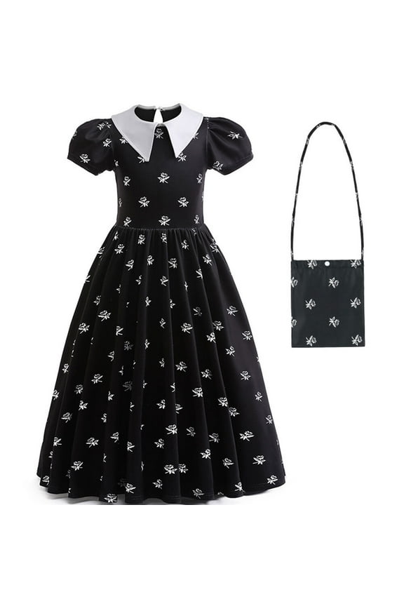 Girls Wednesday Floral Cosplay Dress Halloween Gothic Costumes W/Bag for 4-10Y