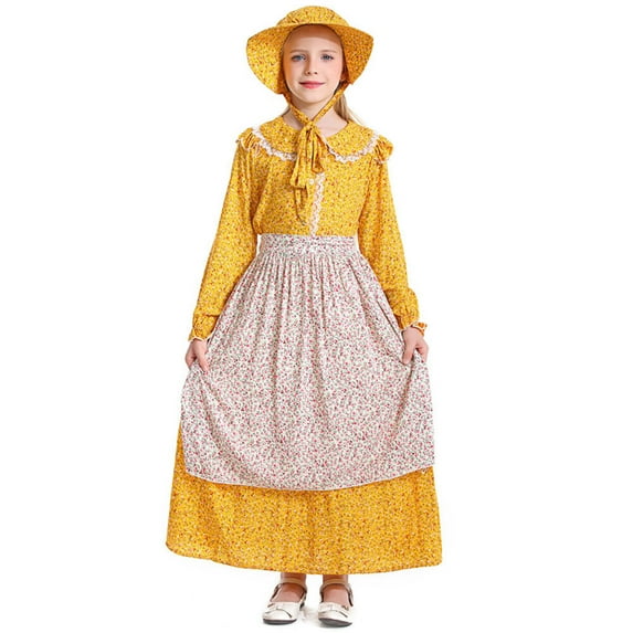 Rongking Pioneer Girl Costume Dress Yellow Colonial Prairie Halloween Cosplay Outfit