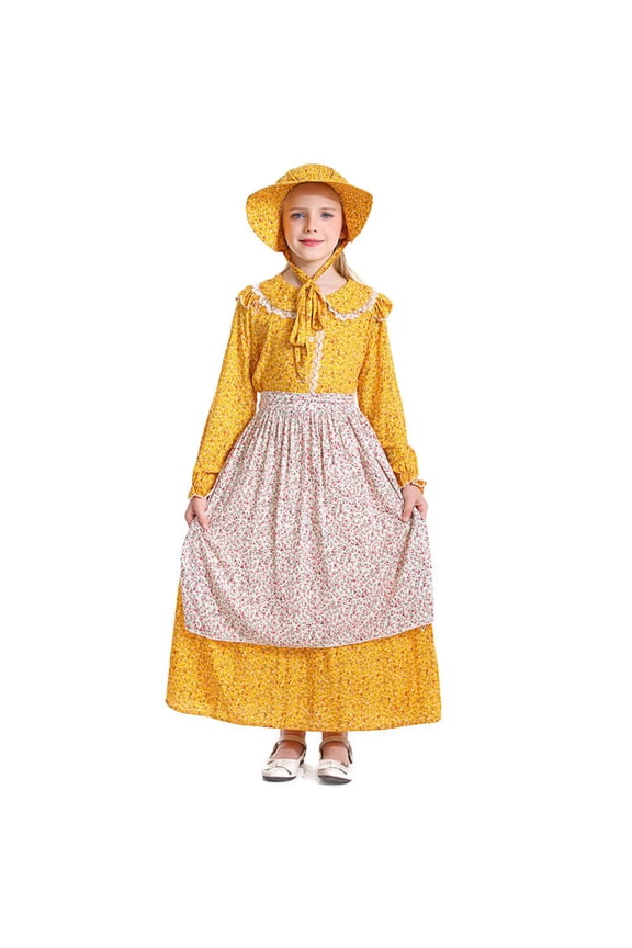 Pioneer Girl Costume Dress Yellow Colonial Prairie Halloween Cosplay Outfit