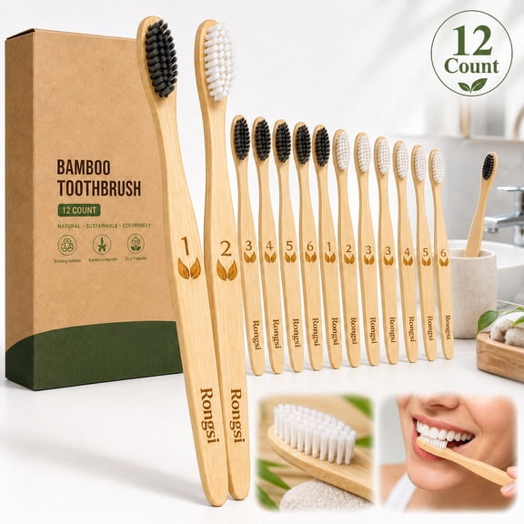 Rongsi-12 CountBiodegradable Eco-Friendly Natural Bamboo Charcoal Toothbrushes, 12 Count