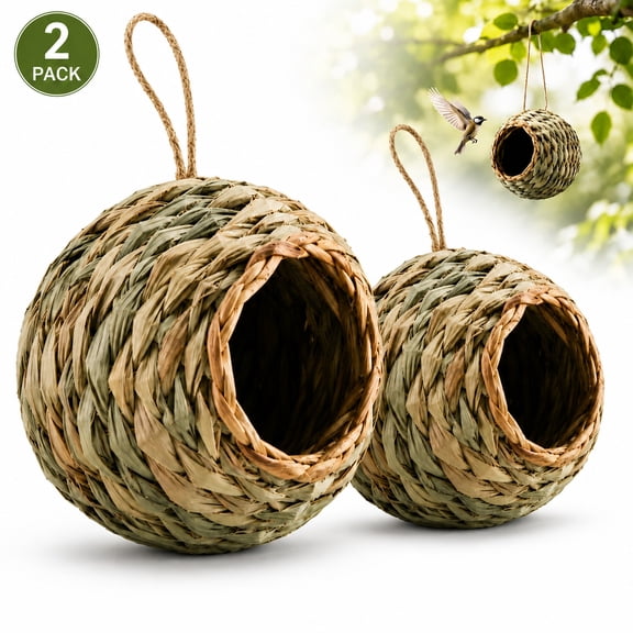 Rongsi-2 Pack Humming Bird Houses for Outdoor Hanging, Natural Grass Bird Hut,Hand Woven Hummingbird Nest,Wren Finch Bird House for Garden Window Outdoor Home