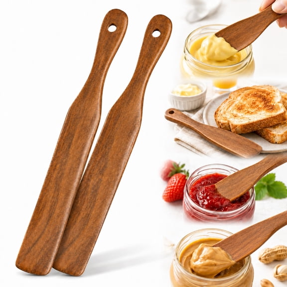 Rongsi-2 Pack Wooden Spurtle for Sourdough Starter, Mixing, Reaching Bottom of Jar, Dough Whisk, Long Handle Jar Spatula,  Kitchen Tools Teak Wood Kitchen Utensils kit for Baking, Cooking
