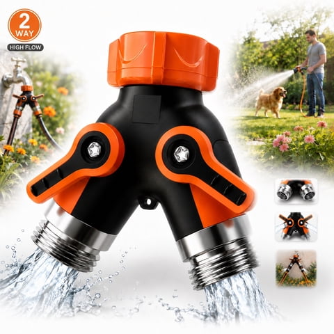 Rongsi 2 way hose splitter, Hose Splitter, Two Way Garden Hose Splitter, High Flow Spigot Faucet Bib Adapter, Solid Double Y Shut Off Valve for Outdoor Gardening Hoses, Orange