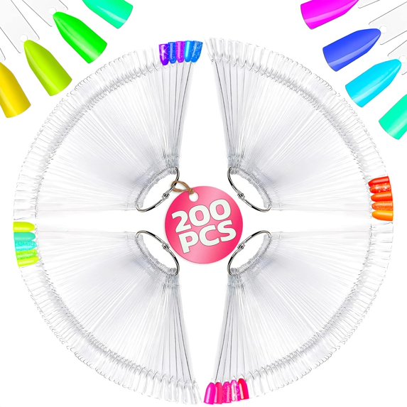 Rongsi 200 Pcs Clear Nail Swatch Sticks - Nail Swatches for Gel Polish - Transparent Acrylic Practice Tips with Metal Rings, Suitable for Displaying Colors, Training Templates