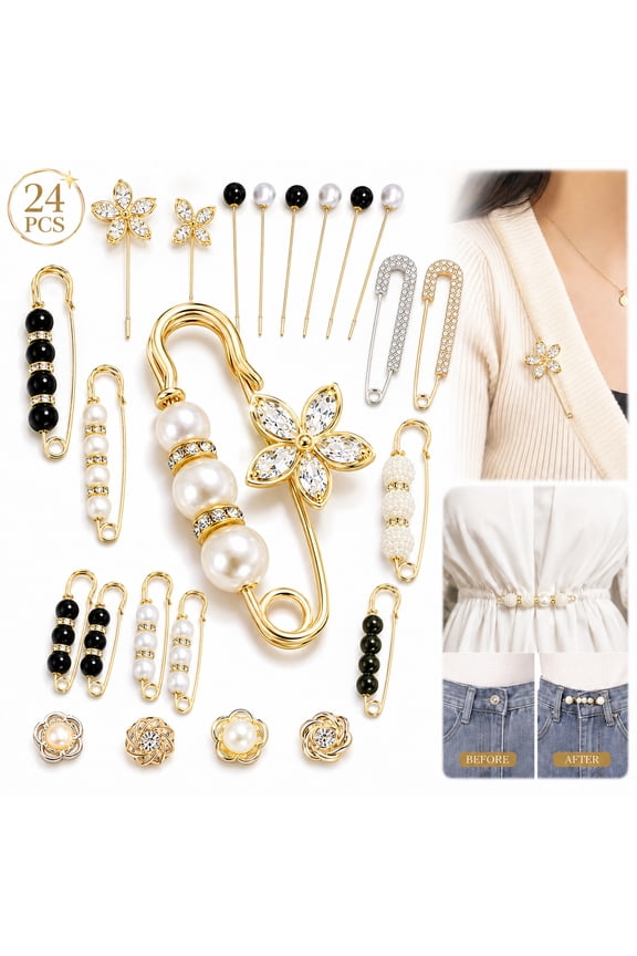 24-Piece Faux Pearl & Crystal Brooch Pins, No-Sew Waist Tightener & Safety Pin Set for Women, Decorative Clips for Sweaters, Dresses, and Jeans