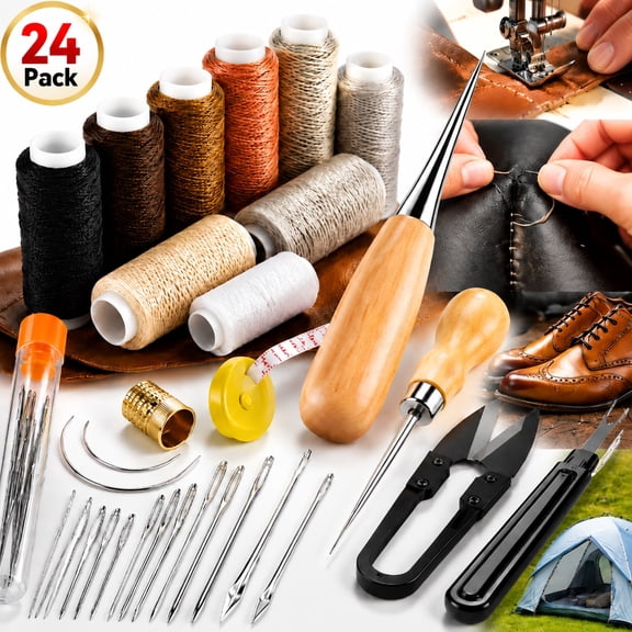 Rongsi 24Pack Upholstery Repair Sewing Kit Heavy Duty Sewing Kit with Awl Tools, Seam Ripper, Hand Stitching Needles, Leather Craft Tool Kit for Shoes Sofa Tent Carpet Leather Craft